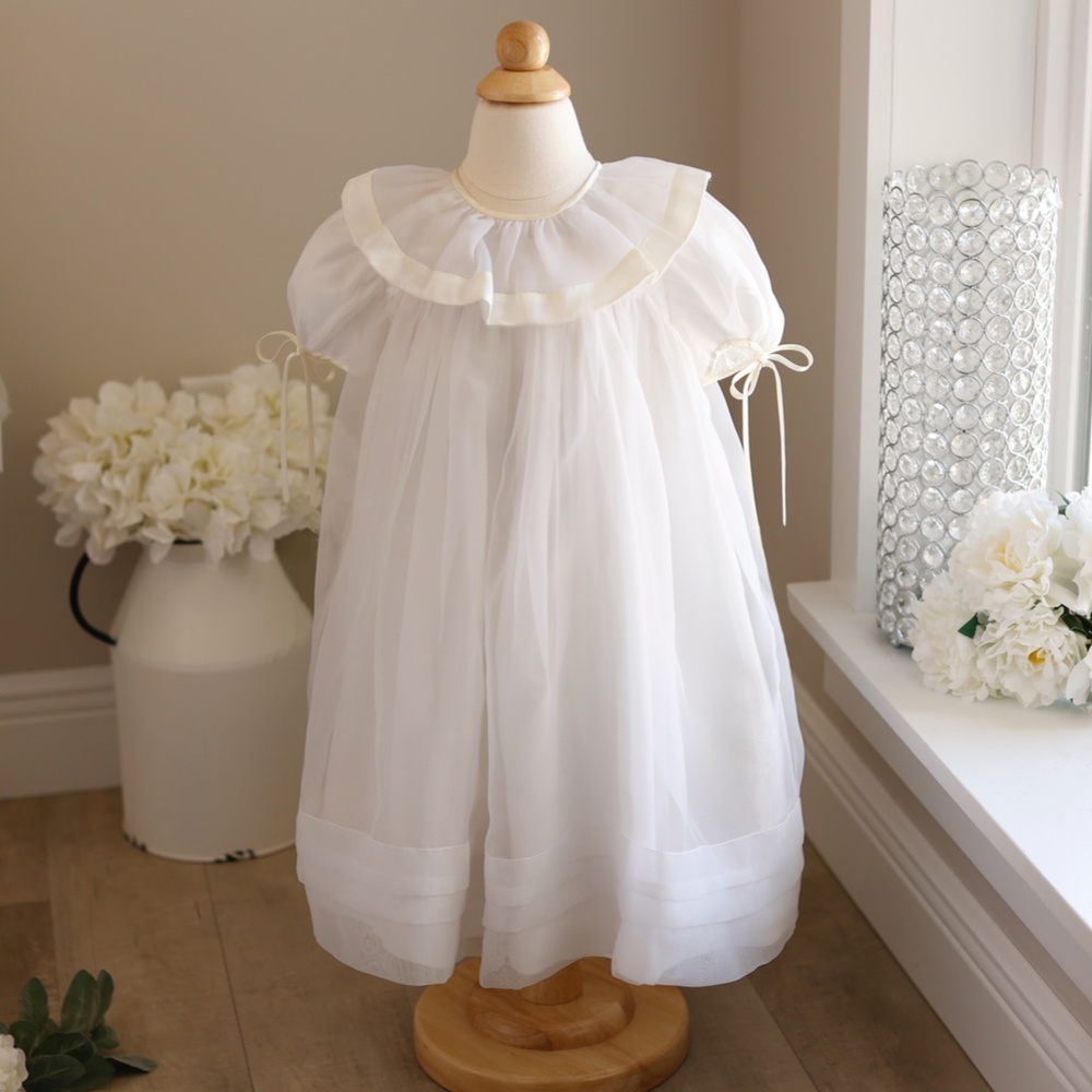 RARE Strasburg Dress Heirloom White Organza Ivory Satin Trim FLOWER GIRL
